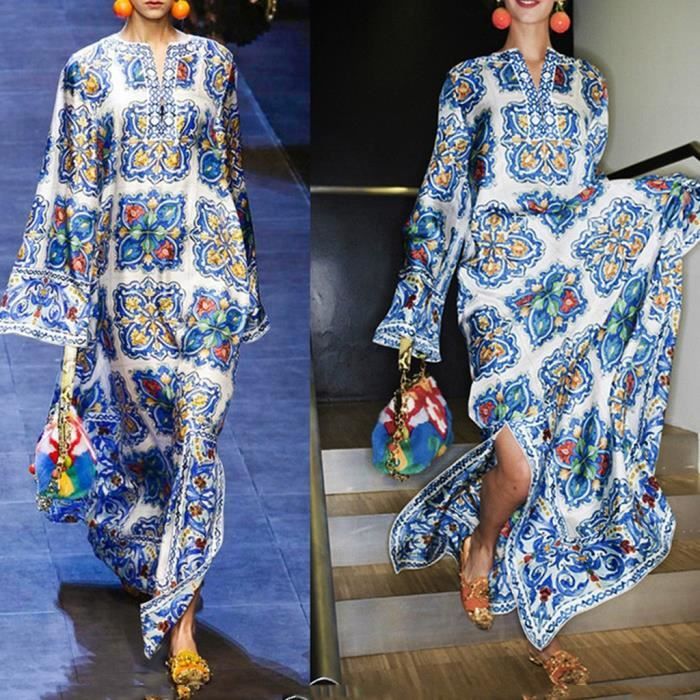 Robe Longue Évasée à Manches Longues et Col V pour Femme