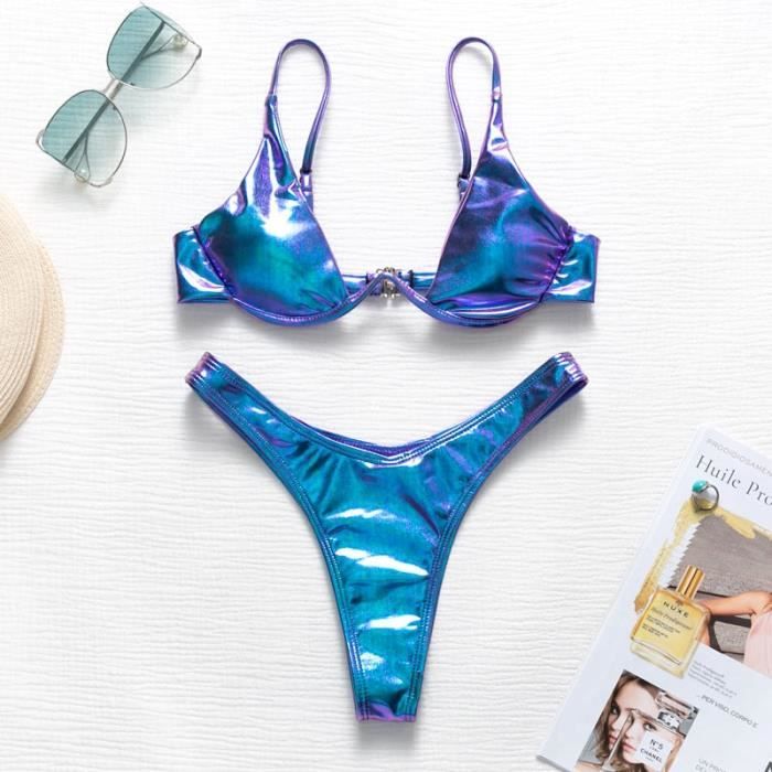 Bikini 2 Pièces Femme Métallisé Brillant - Soutien-gorge Halter Et String Taille Basse - Taille Unique (60-106 Cm Buste)