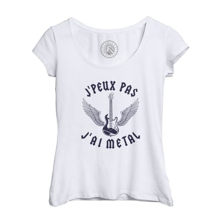 T shirt Femme Col Echancr Blanc J Peux Pas J ai M tal Hard Rock Guitare Musique