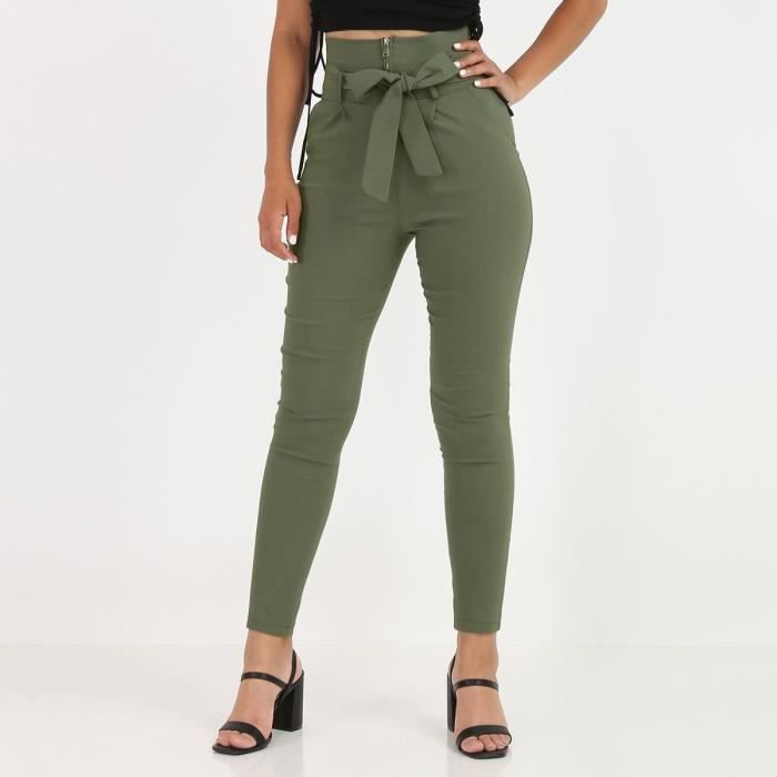 pantalon taille haute kaki à zip et ceinture