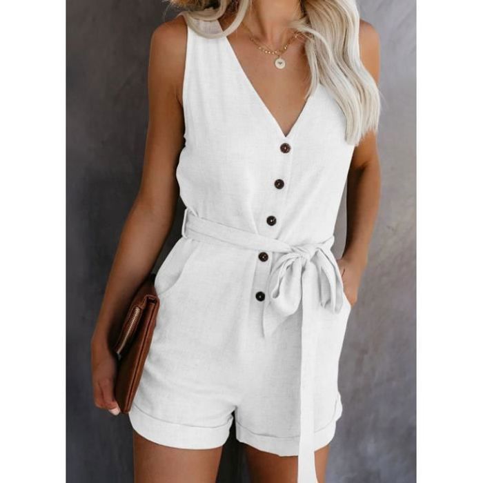 Combinaison Femme Combishort sans Manches Suit avec Poches Col V Boutonne Blanc Ete Chic Casual Blanc Cdiscount Pret a Porter