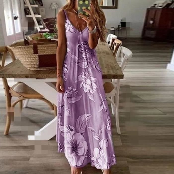 Robe Femme Chic Été En Coton Lin Imprimée Col V Sans Manches Grande Taille Élégante Vintage