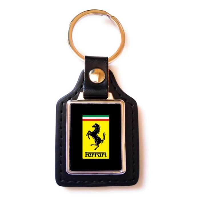 Porte-clés Luxury Ferrari - Acier Chromé Et Simili Cuir Noir, Boîte Cadeau Incluse - 8,5x4 Cm