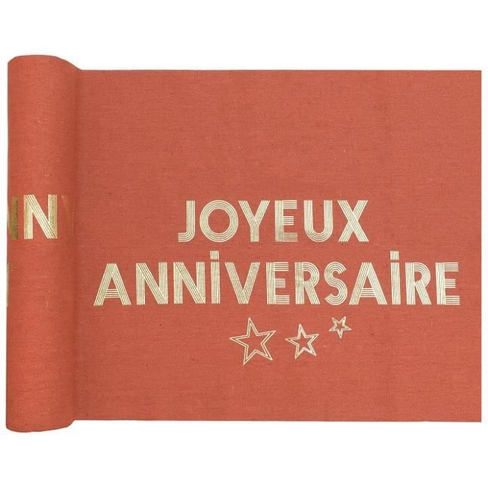 1 Chemin de table Joyeux Anniversaire Terracotta et Doré Or en coton 28cm x 3m REF/7975