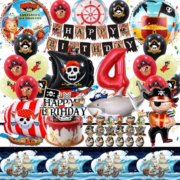 Kit Déco Anniversaire Pirate 4 Ans – Ballons Aluminium, Bannière – Thème Pirate – Pour Garçon Ou Fille
