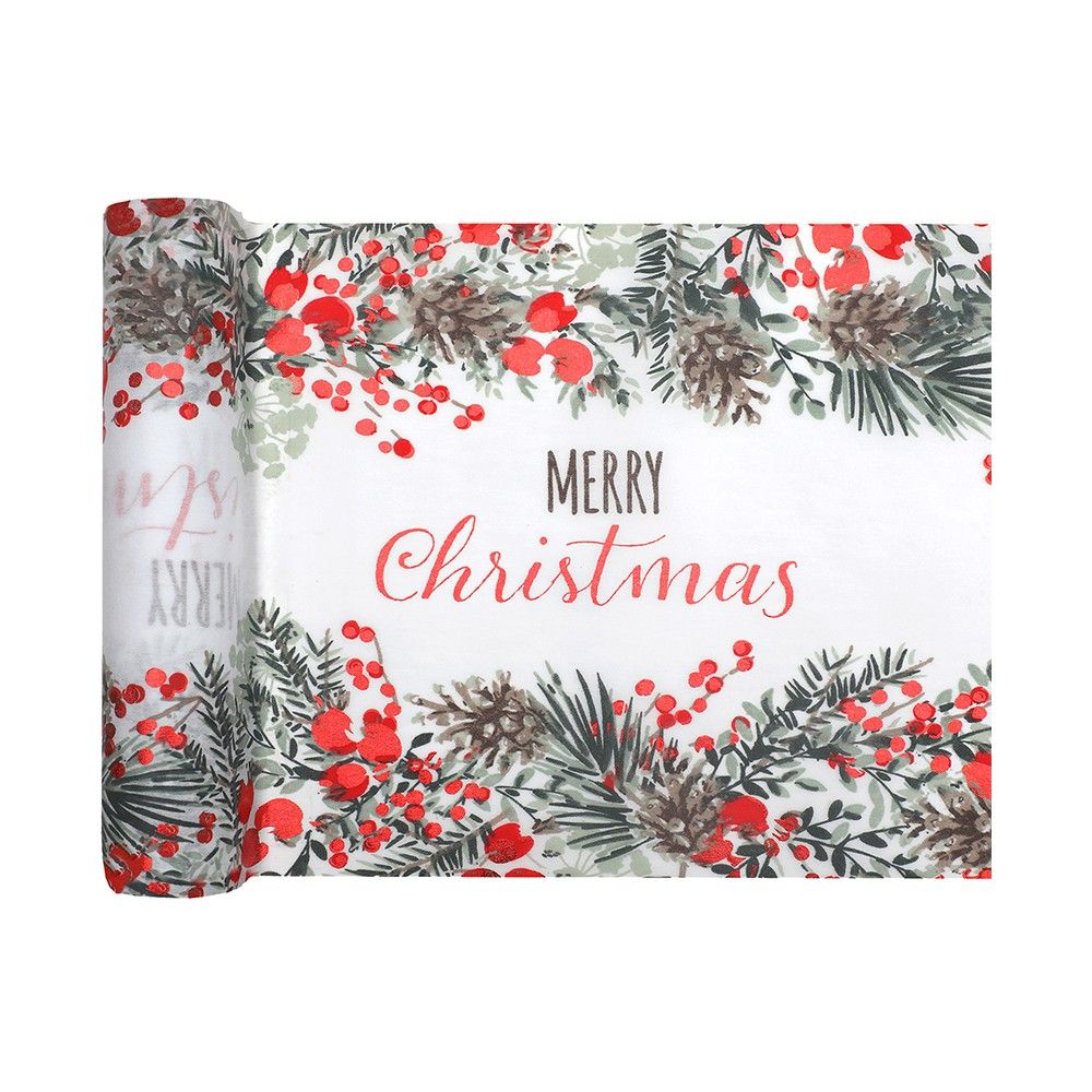 Chemin de table Noël en rouge Champêtre nature Merry Christmas 28.5cm x 2.5m (x1) REF/7682