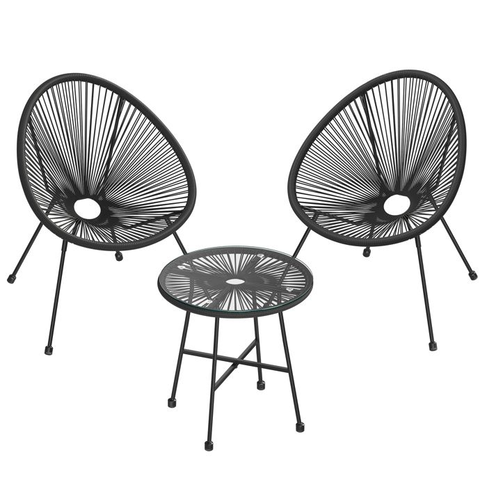 SONGMICS Salon de Jardin Lot 3 Meubles de Terrasse 2 Chaises et 1 Table en Verre Noir GGF013B02