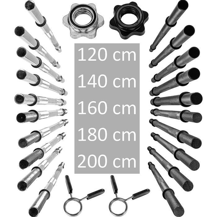 MOVIT Barre D'Haltère Longue Professionnelle – Ø 30 Mm Standard – 120 à 200 Cm – Poids 6,9 à 10,9 Kg – Chrome Ou Noir – Fermeture Étoile Ou Ressort – Charge Max 150 Kg