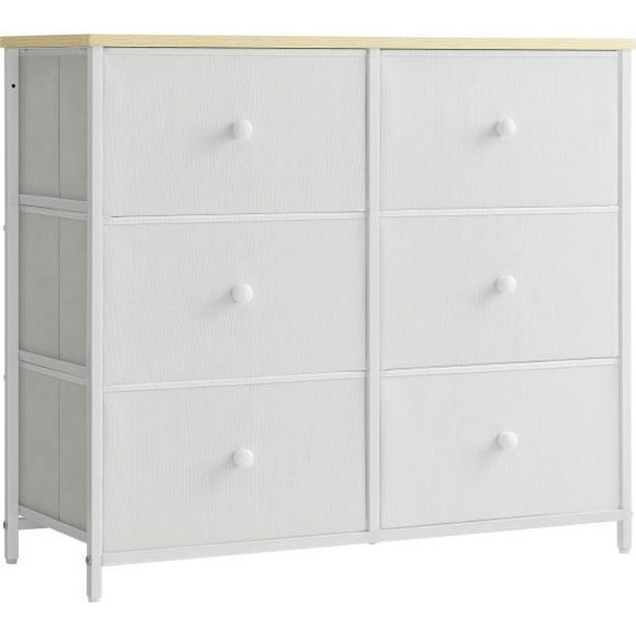 SONGMICS Commode Meuble de Rangement avec 6 Tiroirs en Tissu Meuble à Tiroirs avec Cadre Métallique Plateau Blanc et Chêne