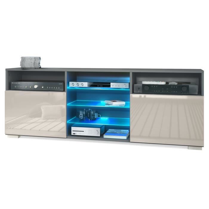 Meuble TV Granada avec 2 portes et 6 compartiments ouverts anthracite mat-gris sable haute brillance avec éclairage LED RGB