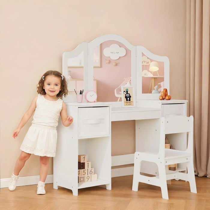 Coiffeuse Enfant Costway Avec Tabouret, Miroir Et Tiroir - Blanc - 72x36x106 Cm