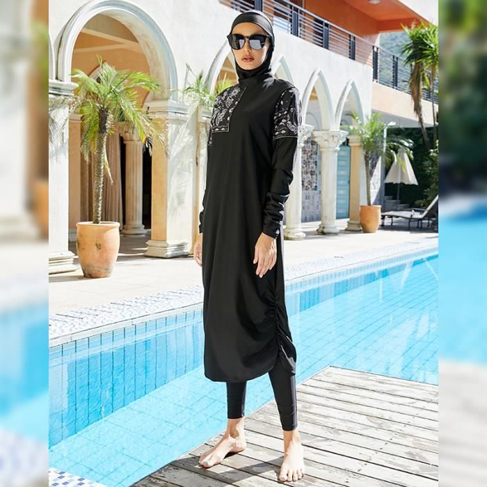 Noir M Burkini avec Hijab pour Femme Robe Longue de Natation Modeste Vetement de Plage Islamique Uni Cdiscount Maison