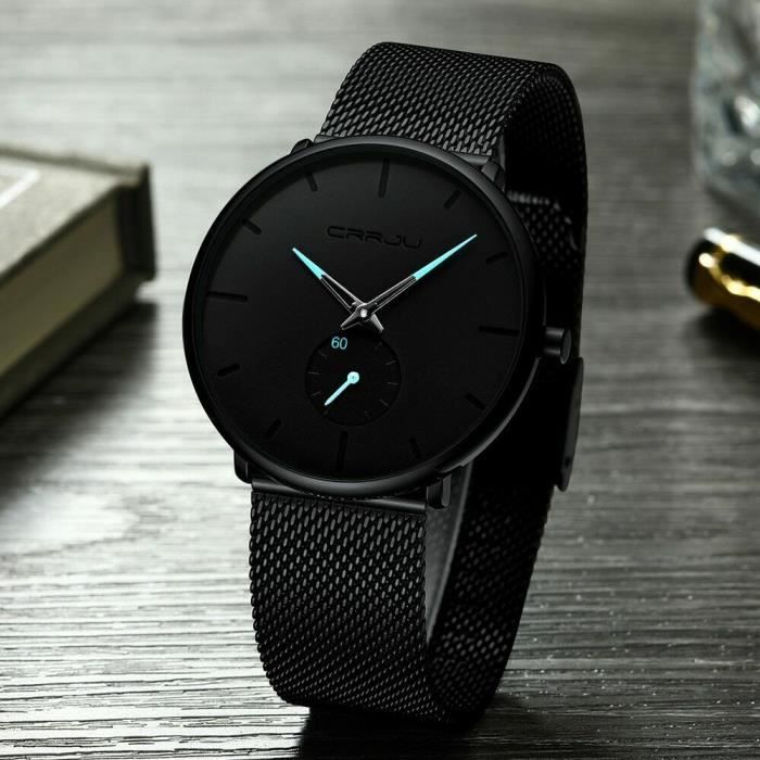 Montre homme extra mince ultra plate ronde bracelet acier maille