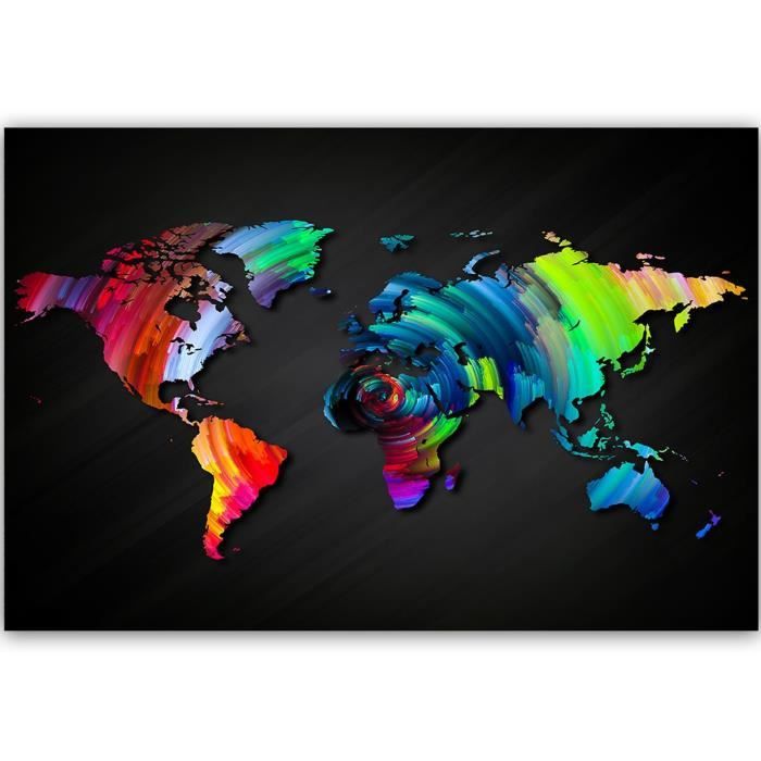Tableau Carte Du Monde Sur Toile - Impression 120x80 Cm, Finition Satinée, Côtés Imprimés - Décoration Murale Salon, Chambre - 6