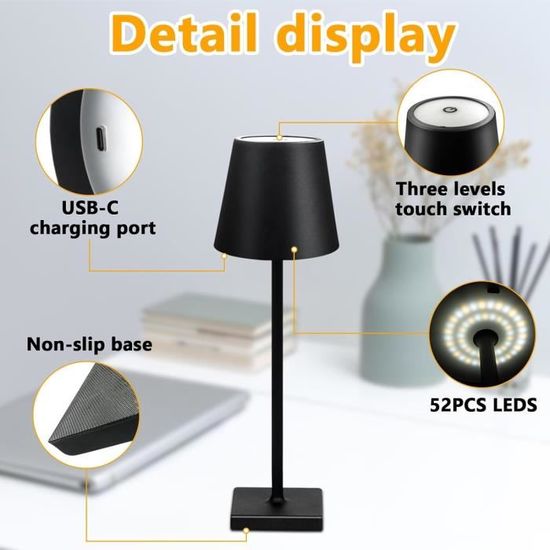 Lot De 2 Lampes De Table LED Sans Fil - Rechargeable, Tactile, 3 Couleurs - 5000 MAh - Pour Intérieur/extérieur