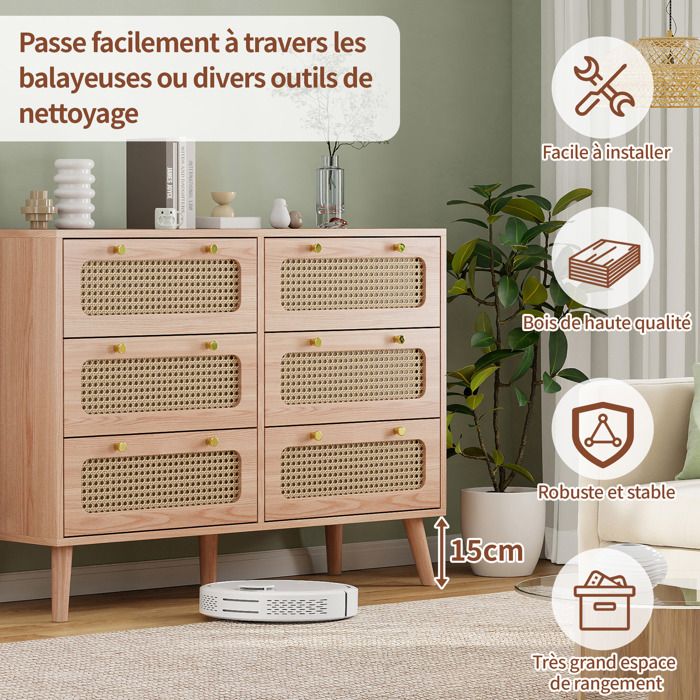 Commode Rangement 2 Tiroirs Style Rotin - Blanc Ivoire 31,5x36,5cm