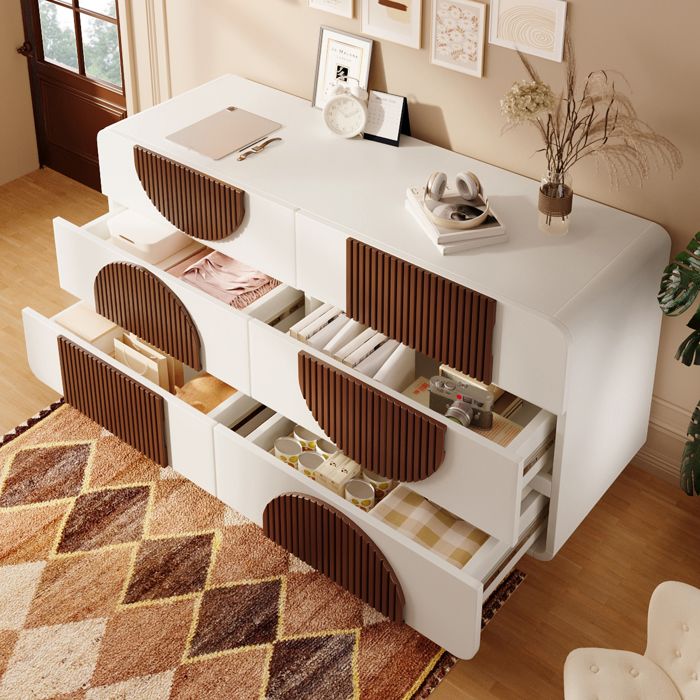 Commode 6 Tiroirs Blanc Et Chocolat - Design Incurvé, Tiroirs Coulissants Silencieux - 121 X 71 X 41 Cm - Anti-basculement Inclus