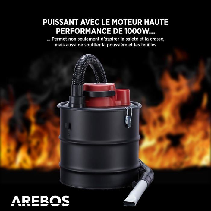 AREBOS Aspirateur à Cendres avec Batterie, Bac de récupération de 15L, 1200 W