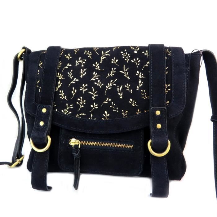 Sac besace cuir Anaik marine fleurs 32x24.5x7.5 cm P3095
