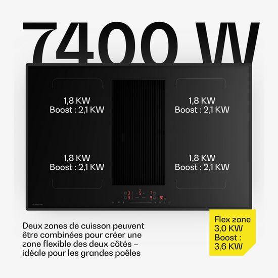 Plaque Induction 4 Zones Avec Hotte Intégrée Klarstein Velaire 80cm - 8400W, Boost, Verre Noir, Commande Tactile
