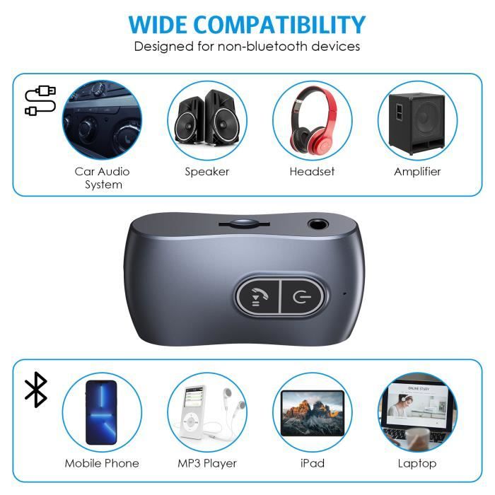 Adaptateur auxiliaire Bluetooth pour voiture, récepteur de voiture Bluetooth  5.0, récepteur audio sans fil - Gris - Cdiscount Auto