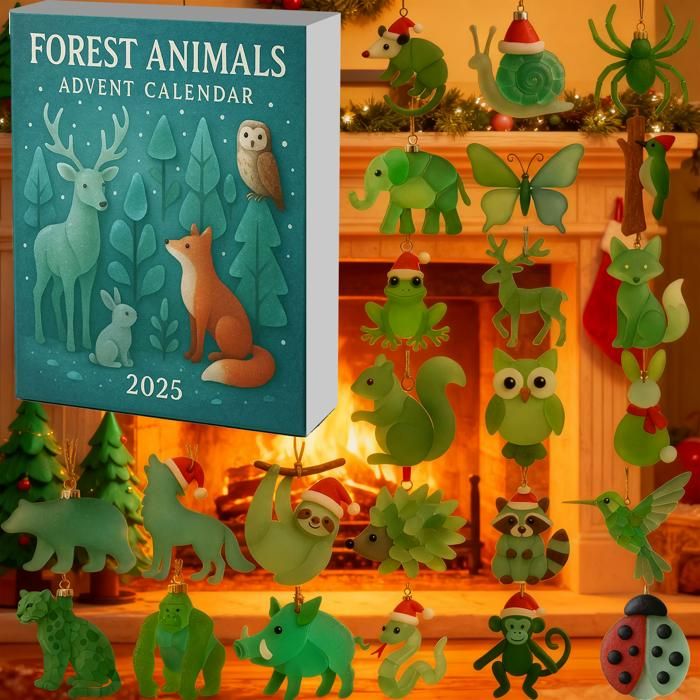 Calendrier De L'Avent Décoration Forêt En Verre De Mer, 24 Décoration D'arbre De Noël Animaux En Acrylique 2D, Amoureux Des Animaux