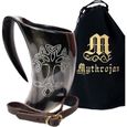 Mythrojan Chope de boisson en corne Viking Arbre de vie avec sangle en cuir – Tasse à vin et bière 600 ml A309-0