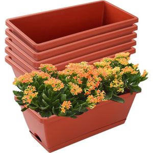 JARDINIÈRE - BAC A FLEUR Lot De 7 Pots De Fleurs Rectangulaires En Plastique Avec Soucoupes - TRAHOO - W402 - Rouge - Noir - Percé
