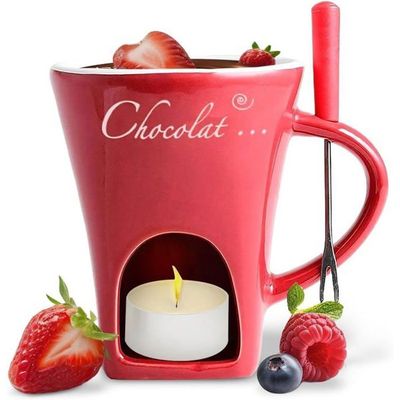 Tasse à Fondue Au Chocolat Céramique + 2 Fourchettes - 200ml, Rouge - Parfaite Pour Rendez-vous, Fêtes