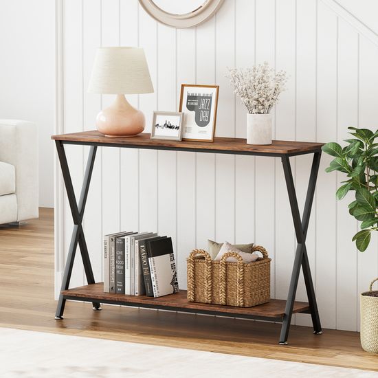 Table Console étroite Industrielle 4 Niveaux - Meuble D'entrée Ou Salon Avec Cadre Métal Rond | Design Rustique En Bois Et Fer - 10