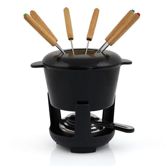 NOMAR France. Service à fondue élégant, solide en fonte, caquelon émaillé blanc, ann 1970/80, très bon état. Fourchettes Le Creuset. Vintage - France