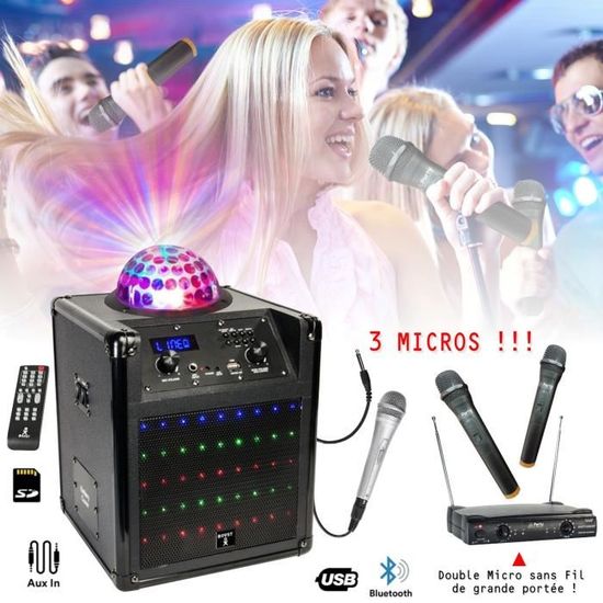Pack Enceinte Karaoke sur batterie Bluetooth USB SD BOOST-KUBELED-BK - 2 Micros sans fil - 1 Micro Filaire - Télécommande - Enfant
