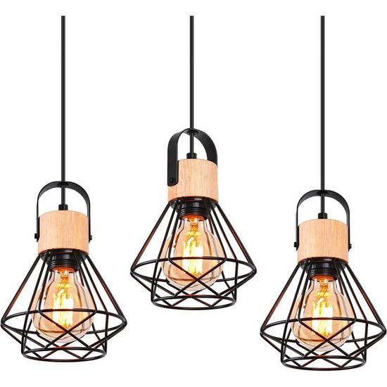 iDEGU Suspension Luinaire Industrielle, 16C Vintage Lustre Suspension en Fer et Bois Rétro