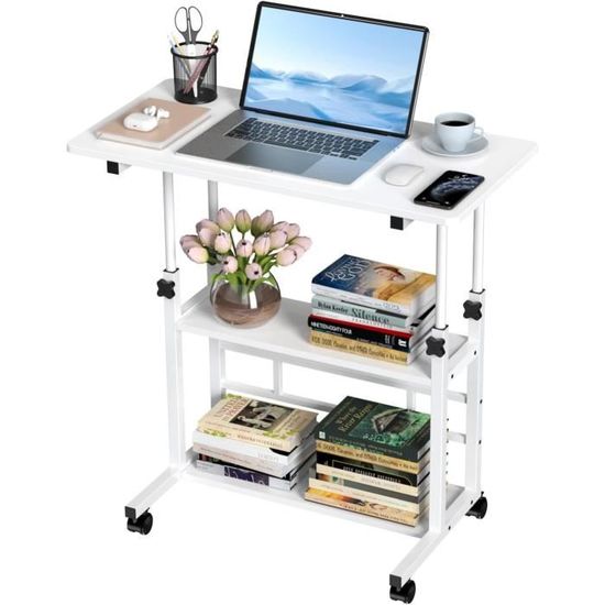 Bureau Roulant Réglable 3 Tablettes - Desserte Ordinateur Portable - Pliable Avec Roulettes