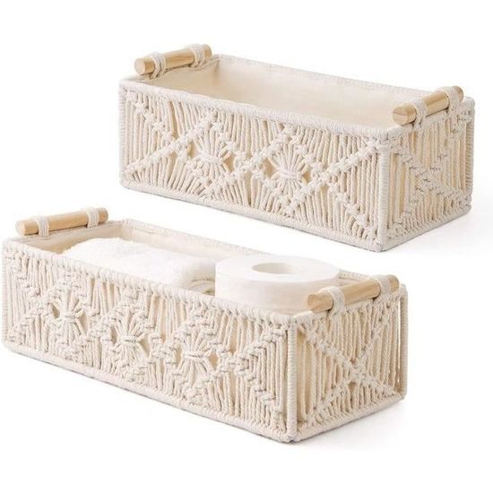2 Paniers De Rangement En Cordon De Coton Tressé - 19x15x12 Cm (Blanc) Pour Salon, Salle De Bain, Maquillage - 8