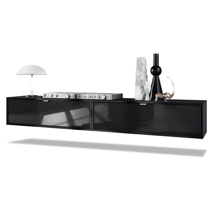 Ensemble de 2 set meuble TV Lana 100 armoire murale lowboard 100 x 29 x 37 cm, caisson en noir mat, façades en Noir haute brillance