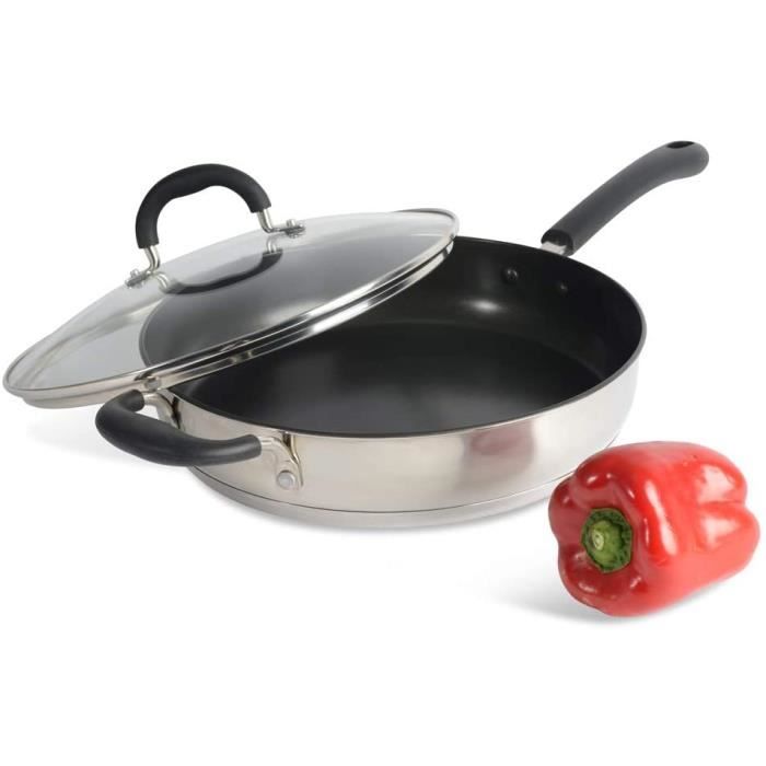 ProCook Gourmet Steel - Sauteuse Inox Induction - 28cm - 3,7L - Mijoteuse Revêtement Antiadhésif - Couvercle Verre Trempé - Manche &