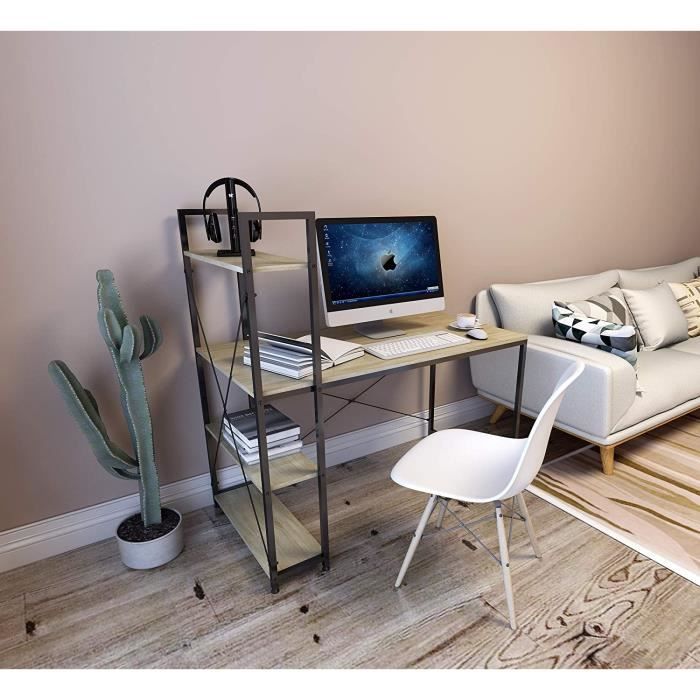 Bureau DETROIT design industriel, 4 étagères, Noir et chêne clair