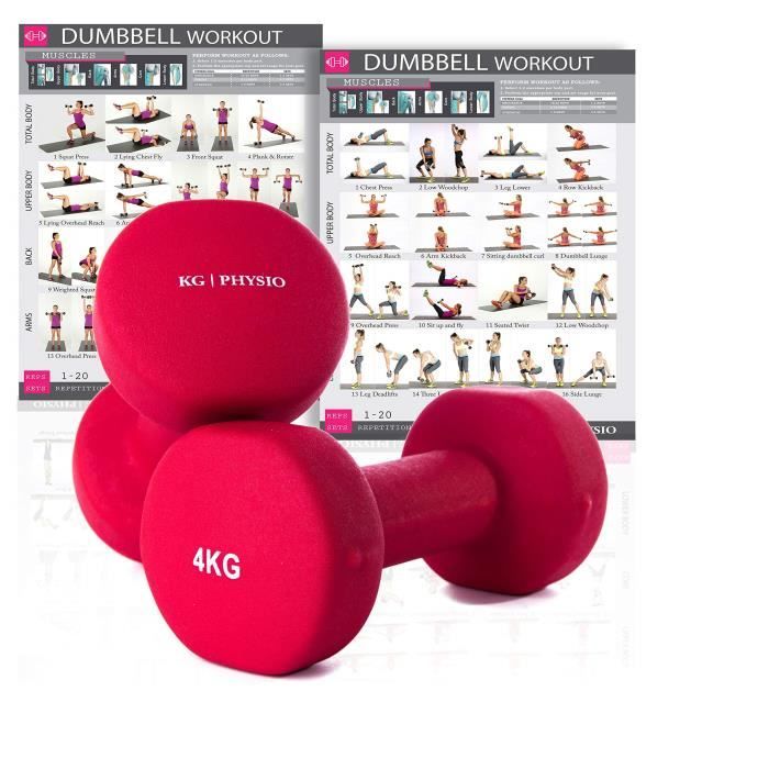KG - PHYSIO Haltères en néoprène pour femme et homme (vendu par paire) Affiche murale A3 double face GRATUITE! Idéal pour l'entra