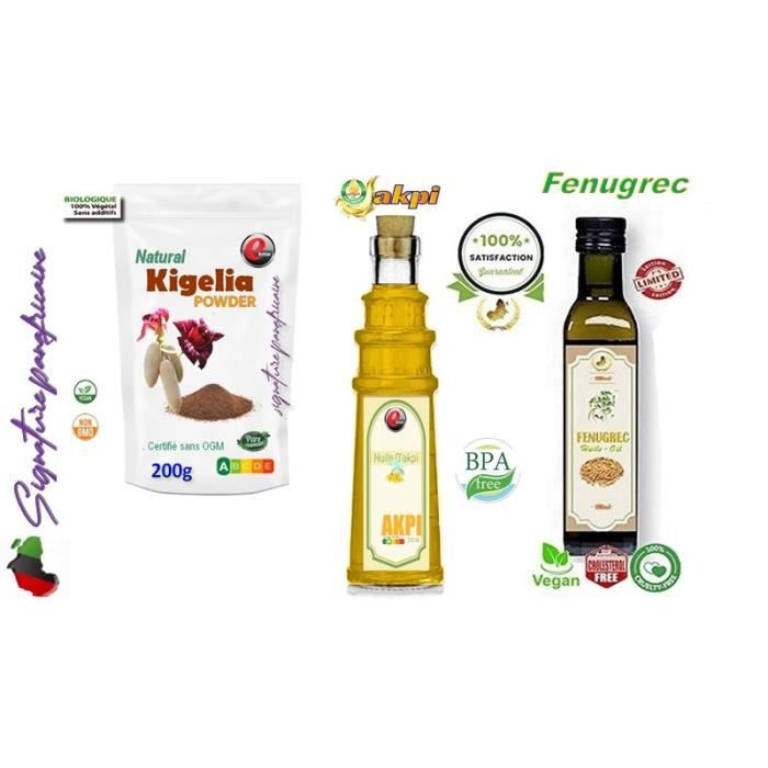 Kit magique repulpant complet : Huile d'Akpi : 100ml- Huile de fenugrec 100ml - poudre de kigelia 200g