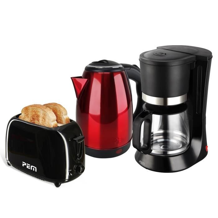 Set petit déjeuner - Pem - Bouilloire inox rouge + Grille pain 2 fentes + Cafetière 12 tasses