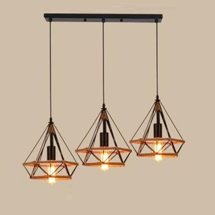 Lustre Suspension Industrielle forme Diamant Corde de Chanvre Barre Ajustable Luminaire pour Salle à Manger,Bar,Chambre