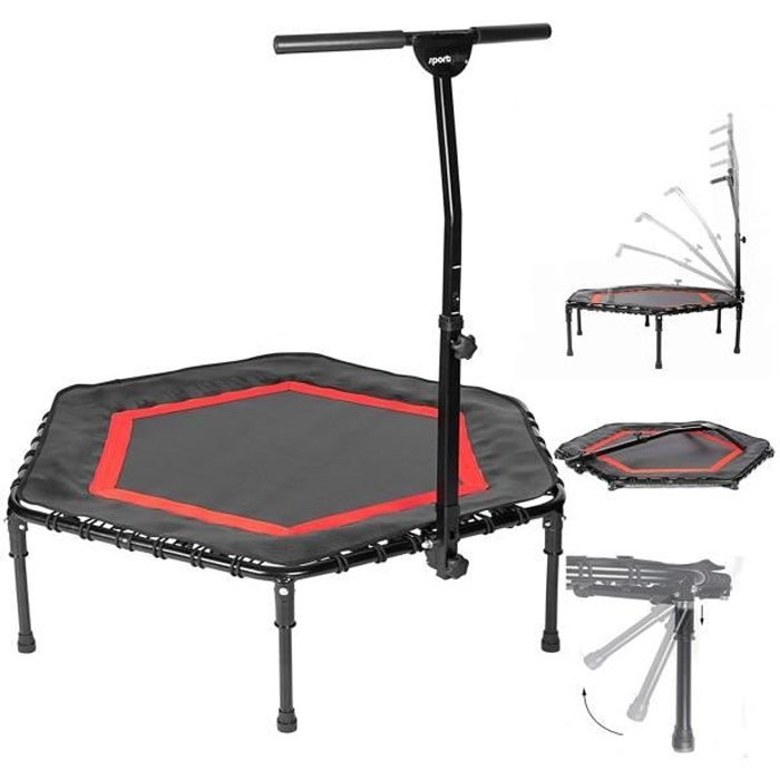 Trampoline de Fitness Pliable - SportPlus - Poignée en forme T réglable en hauteur sur 5 positions, rouge, Ø 126 cm