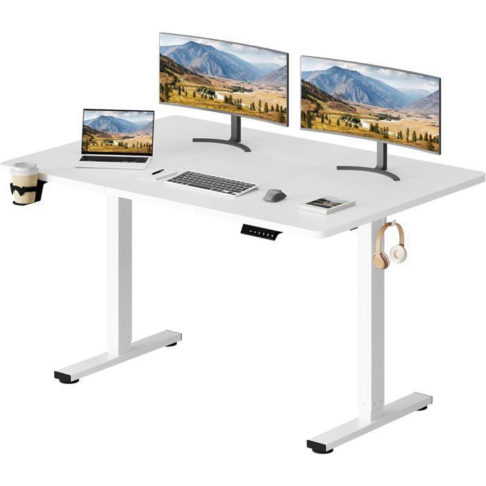 SANODESK Bureau Assis Debout Électrique 140x60cm Bureau Réglable en Hauteur avec Crochet et Fonction Mémoire Plateau Blanc