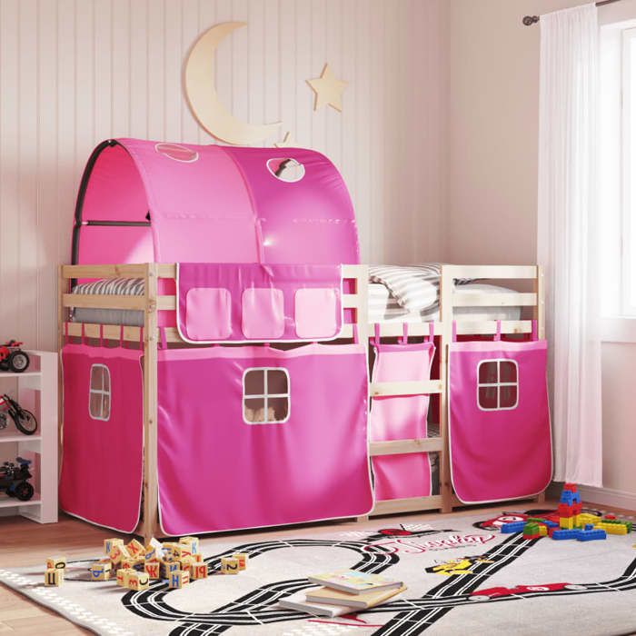 vidaXL Lit superposé avec rideaux rose 90x190 cm bois pin massif lit cadre de lit lit superposé bas meuble de chambre à 3284029