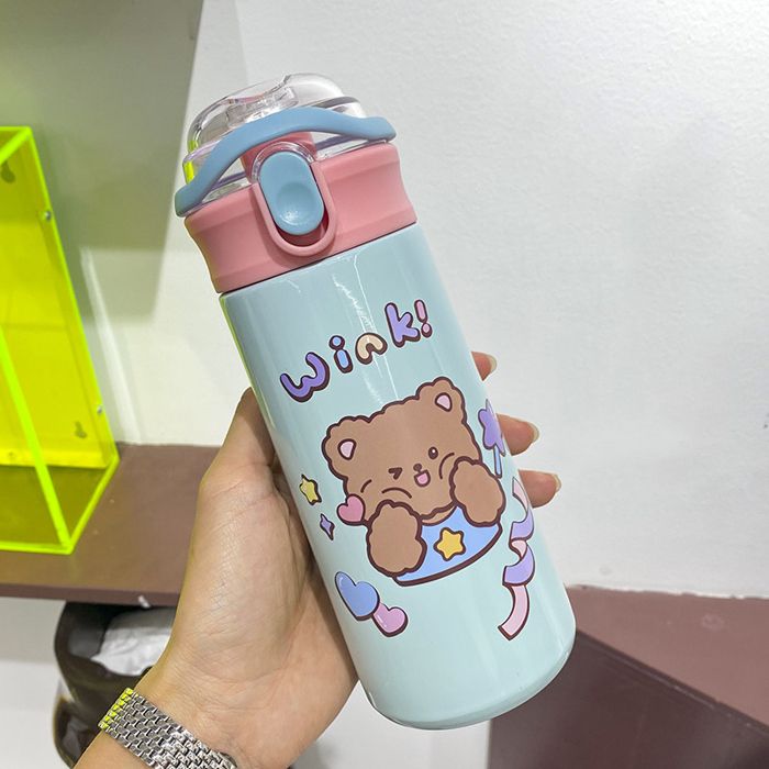 Gourde Bouteille dEau Thermos Portable avec Paille pour Enfant Tasse Thermique en Acier Inoxydablebleu clair 480ml