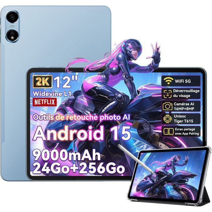 Oscal Pad 100 Tablette Tactile 12 Android 15 2.4G+5G Wifi RAM 24Go ROM 256Go/SD 2To 9000mAh 16MP+8MP Dual SIMMode PC WPS – Bleu