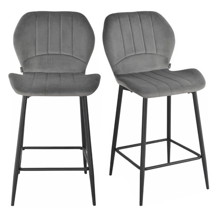 Lot 2 chaises de bar en velours gris et pieds en métal - EMILIO 2 Meubletmoi Lot 2 chaises de bar en velours gris et pieds en métal - EMILIO 2 Meubletmoi
