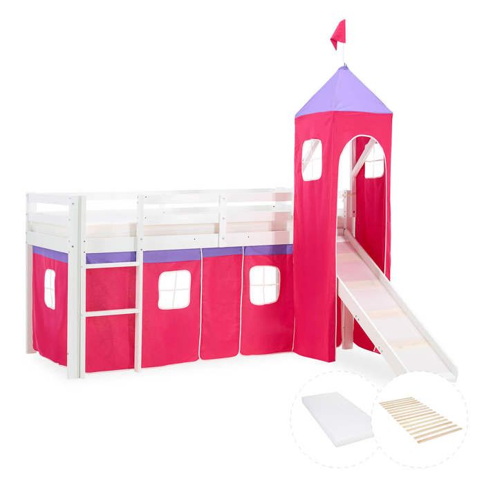 Lit mezzanine pour enfants 90 x 200 cm blanc avec rideau rose Tour Toboggan Avec sommier à lattes Avec matelas Lit mezzanine pour enfants 90 x 200 cm blanc avec rideau rose Tour Toboggan Avec sommier à lattes Avec matelas