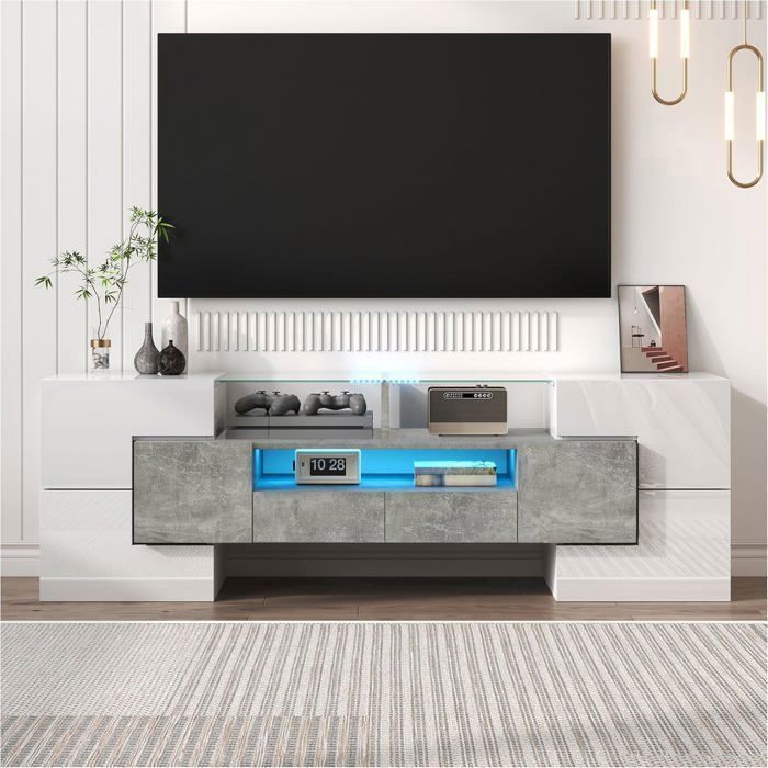 Lemonbest Meuble TV blanc élégant avec éclairage LED 145 cm commode moderne grand despace de rangement et surfaces en verre